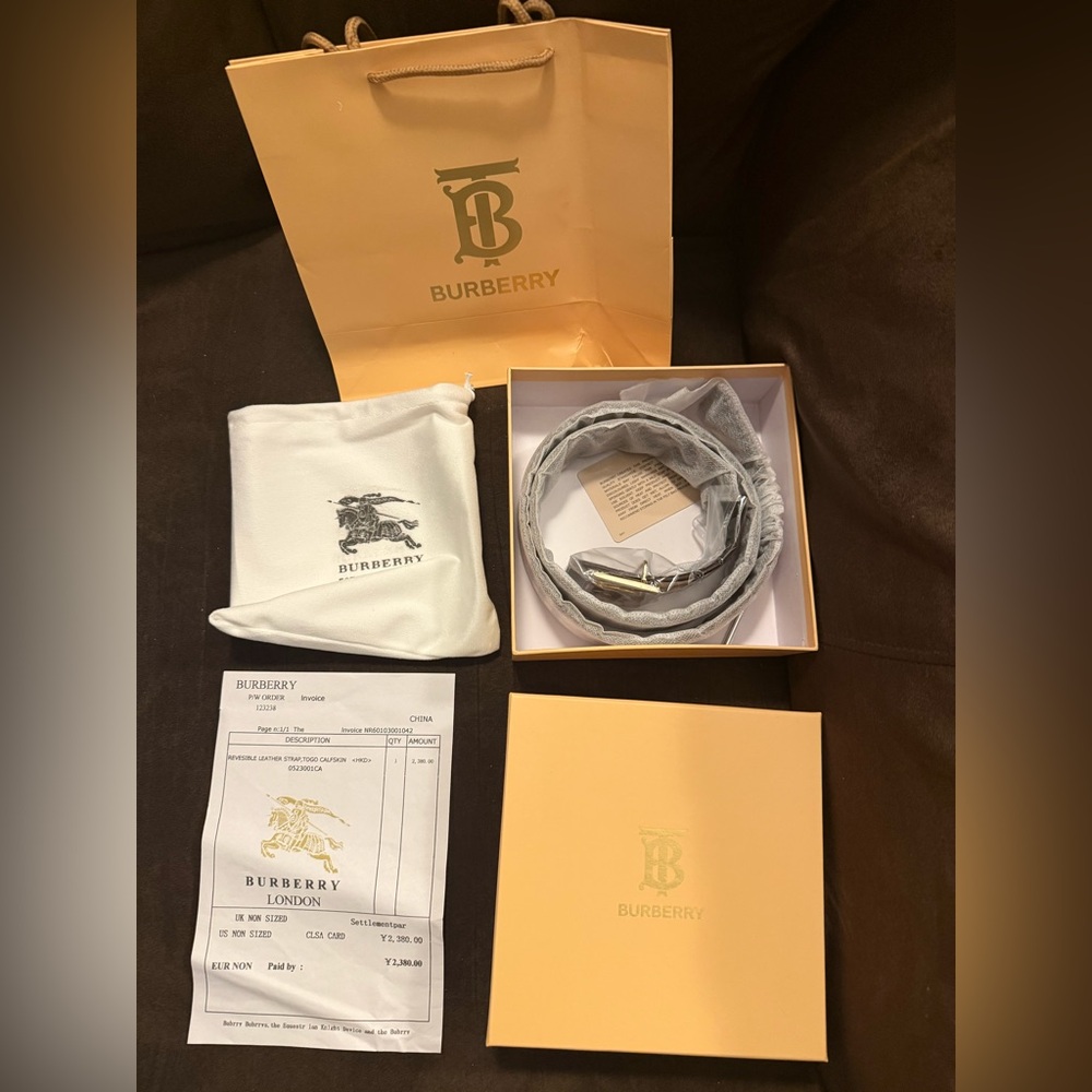 Burberry Beige Plaid Belt with Gold Logo Buckle